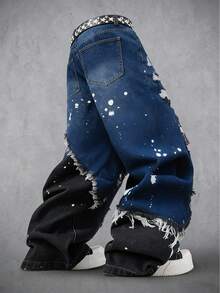 Manfinity Denimwave American Men's Patchwork Frayed Edge Tape Decor Wide Leg Jeans - Blue - View 2