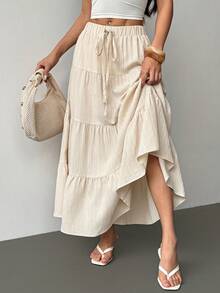 SHEIN PETITE Chân váy xếp tầng kiểu bánh kem dành cho nữ, trang phục thường ngày thanh lịch, đa năng cho mùa xuân/hè và thu/đông, thích hợp cho các kỳ nghỉ và hẹn hò. - Màu be - Xem 6