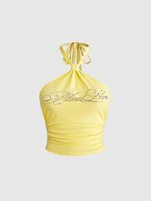 ROMWE Y2K Rhinestone Halter Crop Top And Low-Rise Shorts 2 Pieces Set For Women - Pale Yellow - View 10