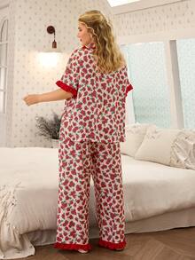 CottageSlumber Ensemble de pyjama à imprimé floral pour femmes grandes tailles, décoré de volants et de poches, convient pour le printemps et l'été, adapté pour le port intérieur et extérieur - Rouge - Voir 2