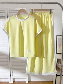 Tween Girls Casual All-Match Versatile Daily Wear Black & White Contrast Trim Round Neck Raglan Sleeve T-Shirt + Straight Leg Knit Pants Set - Yellow - View 3
