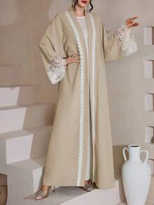SHEIN Najma Áo khoác cardigan ren tan trong nước, màu trơn, kiểu dáng thanh lịch Ả Rập Dubai Abaya, tay dài - Màu be - Xem 5