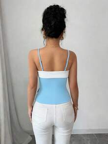 Franclia Contrast Color Strap Women's Tank Top, Button Decor Strap Women's Tank Top - Blue - View 2