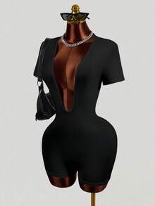 Mistrie 女士纯色深V领休闲日常连体衣 - 黑色 - 查看 3