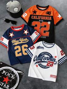 SHEIN 3件套青少年男童休闲简约Y2K时尚英文字母和数字23运动复古美式撞色舒适短袖T恤，适合春夏穿着，日常穿着，运动，外出，上学，聚会，节日，拍照 - 彩色 - 查看 5