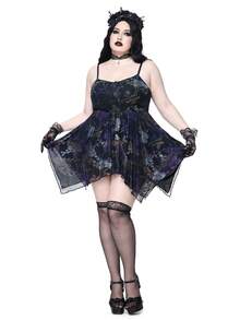 ROMWE Romantic Gothic Floral Print Asymmetrical Hem Waist Cinching Super Mini Dress, Plus Size Birthday Dress - Black - View 2