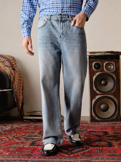 VeloEdit 男士复古拼色宽松休闲牛仔裤