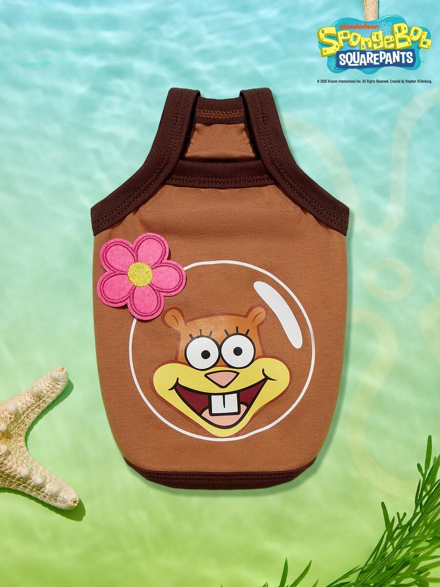 SpongeBob SquarePants | PETSIN 1件可愛立體花朵印花卡通圖案背心吊帶,適用於貓狗,春夏季薄款透氣,適合室內放鬆或陽光戶外散步 - 棕色 - 查看 1