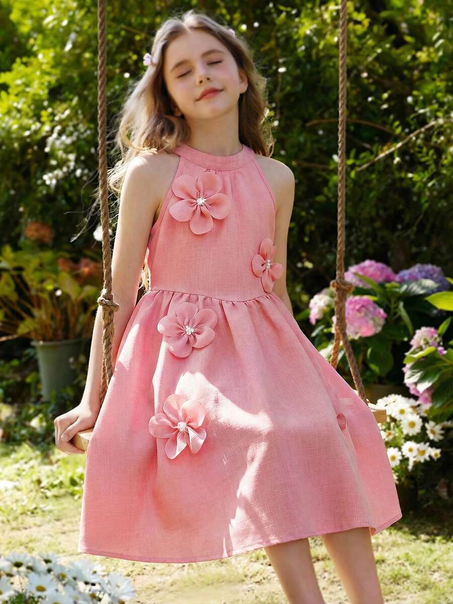 Elladie kids 灰蓝色缀饰花卉无袖连体裤，宽松版型，适合年轻女孩休闲外出、短途通勤、与朋友聚会等场合穿着。