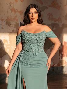 Aureia Plus Size Elegant Sage Green Summer Evening Formal Dress,Luxury Crystal & Pearl Decor U-Neck Hanging Sleeve High Slit Mermaid Hem Wedding Party Gala - Green - View 2
