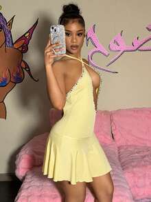 SHEIN DivaQ 女士时尚性感露脐吊带迷你连衣裙 - 黃色 - 查看 4