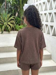 SHEIN 少女条纹圆领落肩上衣和系带短裤休闲两件套 - 棕色 - 查看 2