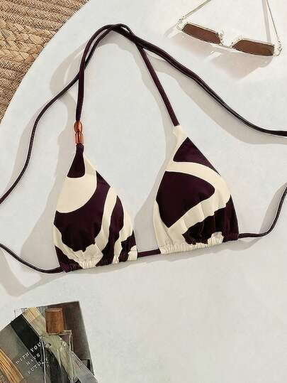 Swim Vcay Maillard Color Strap Pants Side Tie Decor Women's Minimalist Vacation Retro Bikini Swimsuit Top