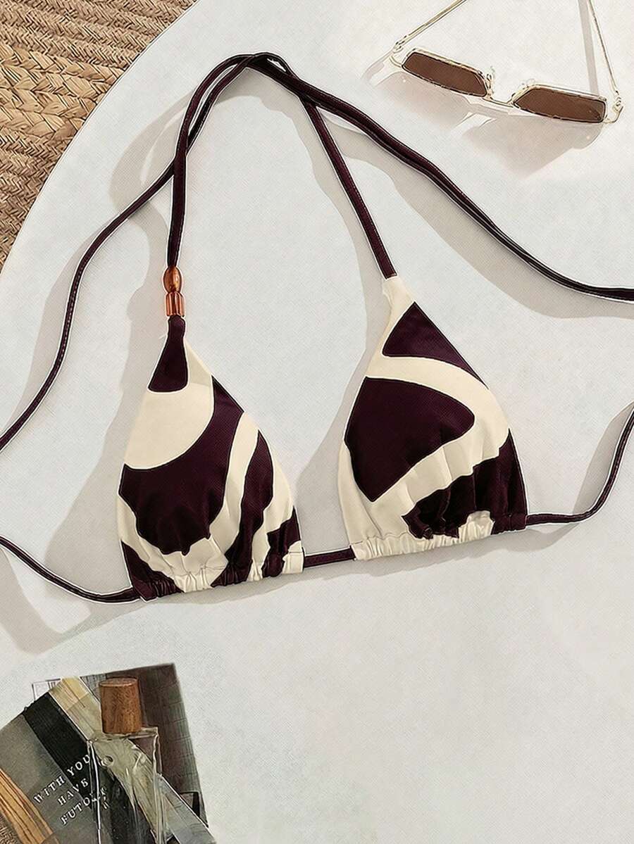 SHEIN Swim Vcay 美拉德彩色吊带裤侧系带装饰女士极简主义复古度假比基尼泳衣上装 - 中紫紅色 - 查看 1