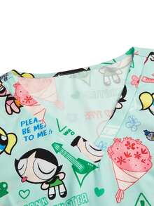 PopScrub THE POWERPUFF GIRLS X SHEIN 女士清新浅蓝色沙漠印花V领工作服，适合工作、通勤、护理等场合 - 彩色 - 查看 10