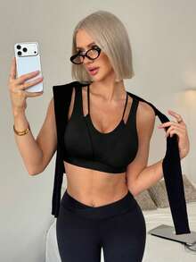 Slayform Sujetador deportivo para mujer Slayoga - unicolor y diseño sexy, con soporte y estética, almohadillas extraíbles - Adecuado para actividades al aire libre/yoga/entrenamiento/fitness/danza - Negro - Ver 5