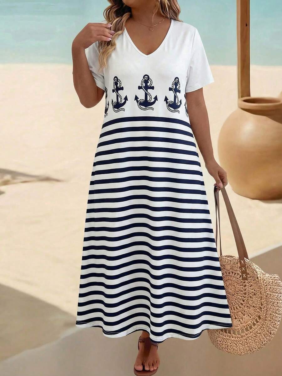 EMERY ROSE 大码V领短袖印花优雅宽松连衣裙，感恩节女士长款套装 - 彩色 - 查看 1