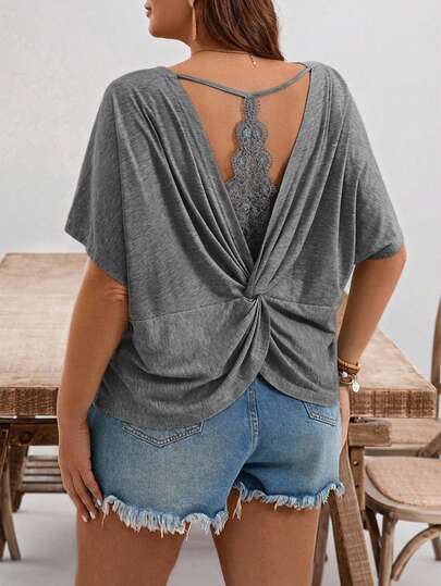 SHEIN Frenchy Plus Size Summer Casual Lace Patchwork Back Twist Hollow T-Shirt
