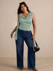 Elaquor Plus Size Women Solid Color Ruched Neck Casual Blouse - Mint Green - View 4