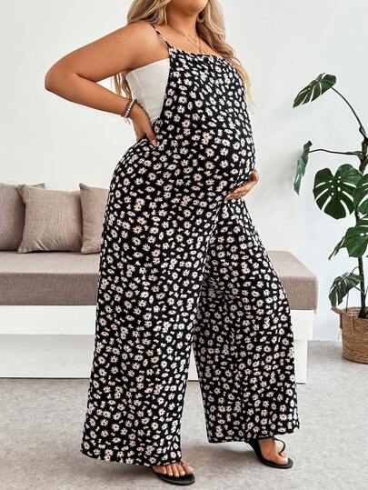 Plussiva Plus Size Maternity Jumpsuit For Summer Black Floral Jumpsuit - Comfortable And Casual Vacation Style Plus Size Maternity All-Over Print Casual Jumpsuit For Daily Wear