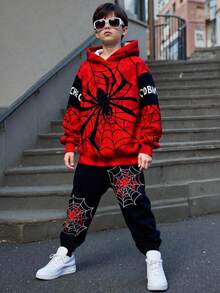 SHEIN 2 件青少年男孩休闲舒适秋季新品街头风格蜘蛛与超级英雄图案长袖连帽运动衫套装，适合秋冬季 - 彩色 - 查看 5