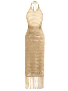 SHEIN X Clarissa Marchese Selianne Đầm hở lưng tua rua hở lưng cao cấp cho kỳ nghỉ hè của phụ nữ - Màu Khaki - Xem 6