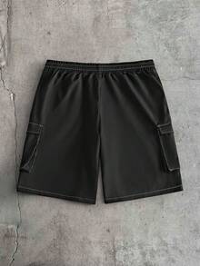 AXEPEAK Set casual estivo da uomo, composto da camicia larga con cuciture a contrasto e tasche toppe, e pantaloncini con vita con coulisse - nero - Visualizzare 4