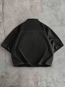 AXEPEAK Set casual estivo da uomo, composto da camicia larga con cuciture a contrasto e tasche toppe, e pantaloncini con vita con coulisse - nero - Visualizzare 5