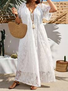 SHEIN CURVE+ Đầm ren trắng trơn phong cách đồng quê cho nữ size lớn, thời trang mùa hè dạo phố đi chơi, quần áo đi nghỉ dưỡng, quần áo đi lễ hội, quần áo đi biển, phong cách phương Tây, dáng xòe bay bổng, phong cách thời trang đơn giản, mẫu mới 2026, phù hợp mặc hàng ngày, đi chơi, đi nghỉ mát, đi xem hòa nhạc nhạc đồng quê - trắng - Xem 10
