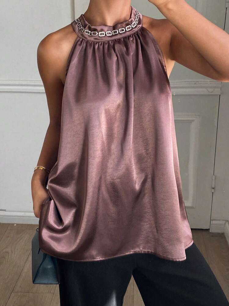 Patchwork Lace Collar Tie Strap A-Line Camisole Top, Elegant Summer Holiday Wear For Women