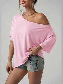 SHEIN ICON Camiseta de manga raglán de corte holgado y casual para mujer, de unicolor - Rosa - Ver 3