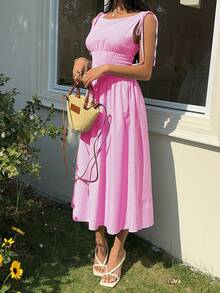 SHEIN EZwear Vestido sin mangas con cinturón y rayas en rosa para mujeres - Rosa - Ver 3