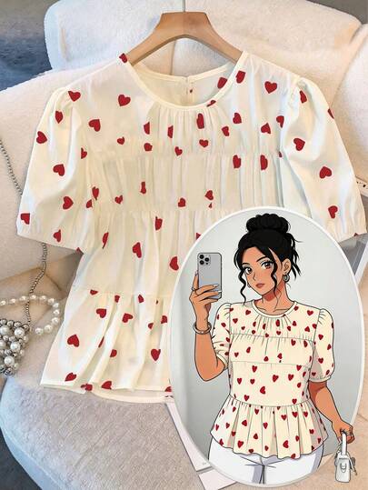 GlowEve CURVE 加大码心形印花松紧腰褶饰圆领休闲衬衫