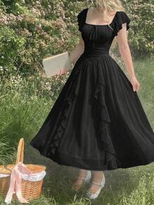 xheSHEIN MOD Vestido largo con mangas de farol y volantes en color albaricoque, vestidos de mujer para otoñoxhe - Negro - Ver 7