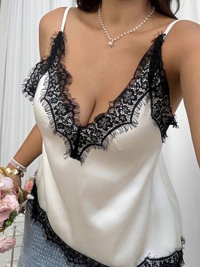 SHEIN EZwear Áo tank top nữ cỡ lớn thời trang xuân/hè phối màu, phối ren, vạt bất đối xứng