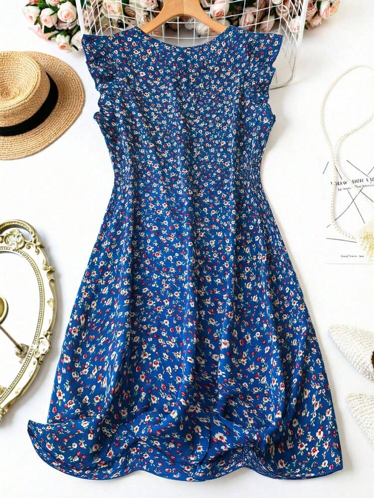 Plus Size Women Ditsy Floral Round Neck Cap Sleeve Casual Dress