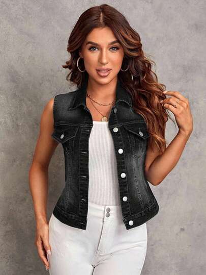 EMERY ROSE Chaqueta y abrigo de mezclilla casual sin mangas con botones y bolsillos de color contrastante para mujer