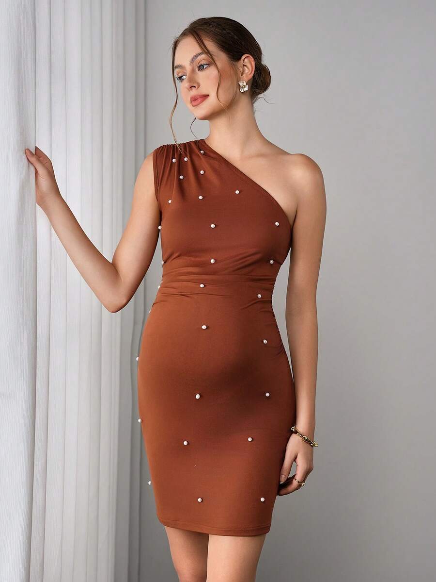 Momance Đầm bầu thời trang dành cho bà bầu, kiểu dáng bất đối xứng, đính ngọc trai giả, thanh lịch. - Cà phê - Xem 1