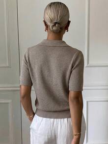Livesso Women's Summer Polo Collar Short Sleeve Knit Top - Grey - View 2