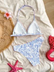 SHEIN Teen Girls Seaside Vacation Pink Floral Knit Halterneck V-Neck Bikini Set,Beach Outfit Bathing Suit Summer,Pattern For Two Pieces Swimwear - Blue - View 2