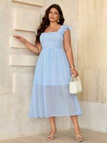EMERY ROSE Plus Size Elegant & Comfortable Waist Cinching Dress, Square Neck Cap Sleeve Design, Suitable For Dates And Vacations - Blue - View 6