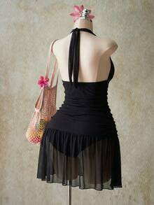 ICON Conjunto de top halter y minifalda con estampado floral para mujer de talla grande - Negro - Ver 2