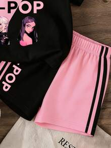 1件装，适合4-7岁女孩，甜美酷炫的韩式K-POP女团印花撞色短袖T恤+休闲短裤套装，常规轻薄面料，时尚两件套，适合日常穿着、上学、周末、春夏秋季穿着。 - 彩色 - 查看 6
