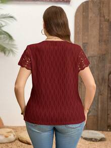 Clasi Camiseta de verano para mujer talla grande, blusa casual elegante, camiseta de punto jacquard blanca, camiseta de encaje con contraste - Burdeos - Ver 2