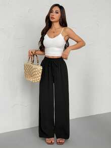 SHEIN PETITE Women's Solid Color Casual Straight-Leg Pants Winter Black Spring - Black - View 6