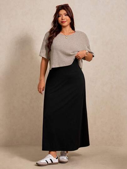 Elaquor 大码女装纯色不对称肩蝙蝠袖T恤和吊带裙休闲两件套，大码女装，女裙搭配上衣，大码女装网店，商务休闲女装大码套装