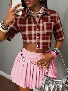 Slaydiva Áo sơ mi nữ tay ngắn kẻ caro có túi, kiểu dáng bất đối xứng, dáng ngắn. - Nhiều màu - Xem 3