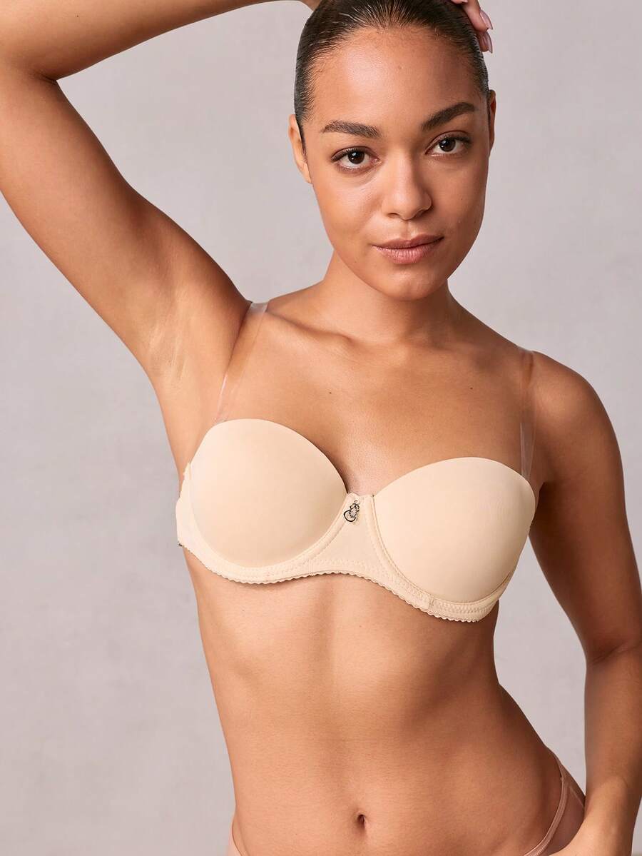 Veilyse Women's Nude Seamless Minimizer Underwire Bra With Thick Padding, Convertible Straps, Plunge Neckline - Beige - View 1