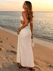 Glamine Elegant Cream White Halter Tie Crochet Maxi Dress,Summer Casual Cutout Beach Vacation Long Dress,Holiday Resin Decor Button Party Dress - Cream - View 3
