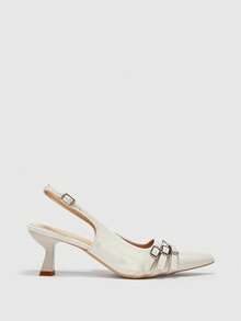 CUCCOO BIZCHIC 女士尖头细高跟鞋，米色，多条后跟带设计，优雅通勤鞋，露跟鞋，适合日常百搭、工作和购物场合。 - 米色 - 查看 5